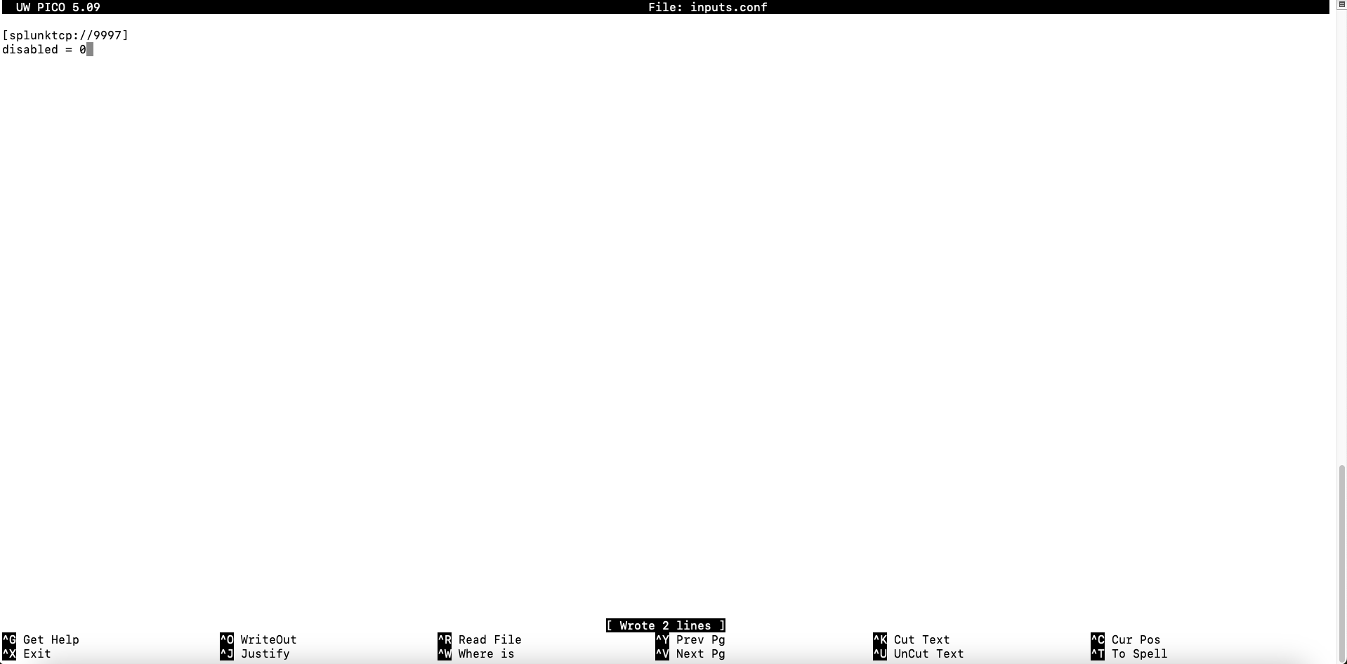 Screen capture of the PICO text editor showing the configuration of Splunk to listen on TCP port 9997 via the 'inputs.conf' file.