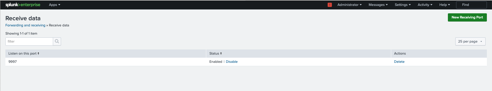 Web interface of Splunk Enterprise showing the configuration to receive data on TCP port 9997.