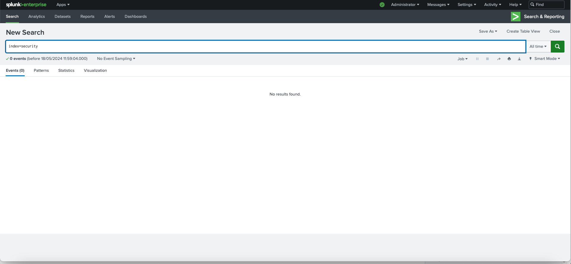 Splunk search query interface showing zero events retrieved from the 'security' index.
