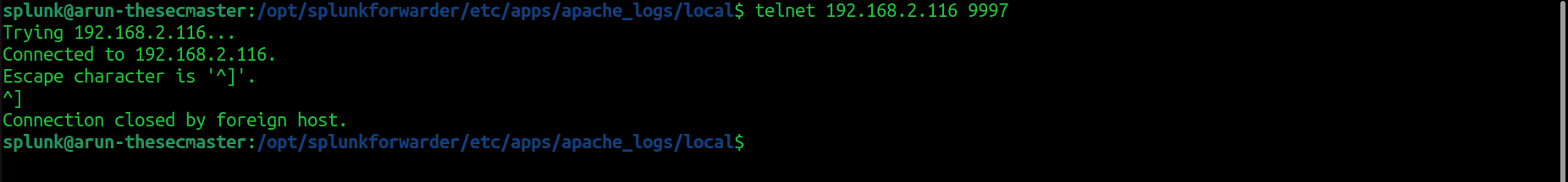 Terminal output showing a successful telnet command to verify connectivity to IP address 192.168.2.116 on port 9997, which then closes the connection.