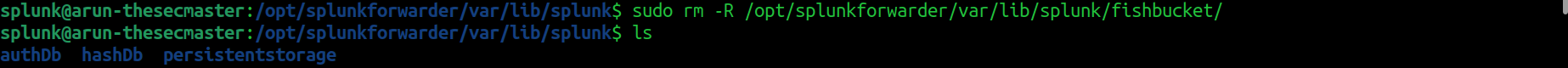 Terminal commands showing the deletion of all files and directories under the 'fishbucket' directory in Splunk, followed by listing the remaining directories.
