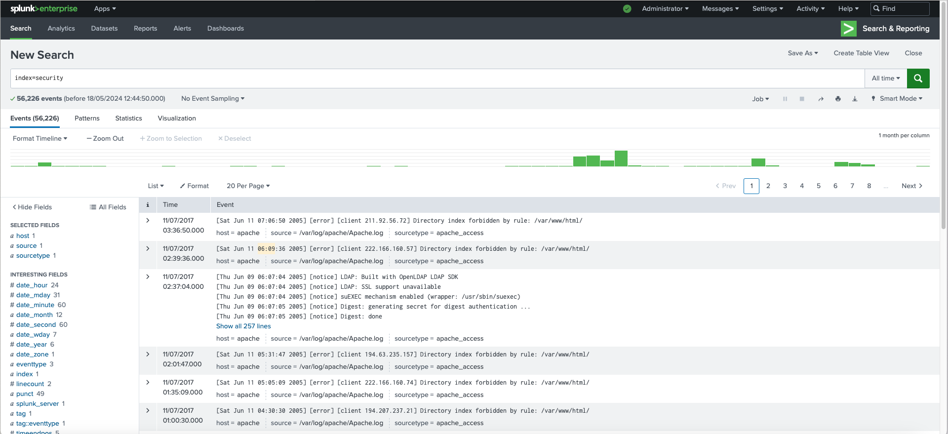 Logs displayed in the 'security' index in Splunk with 56,226 events.