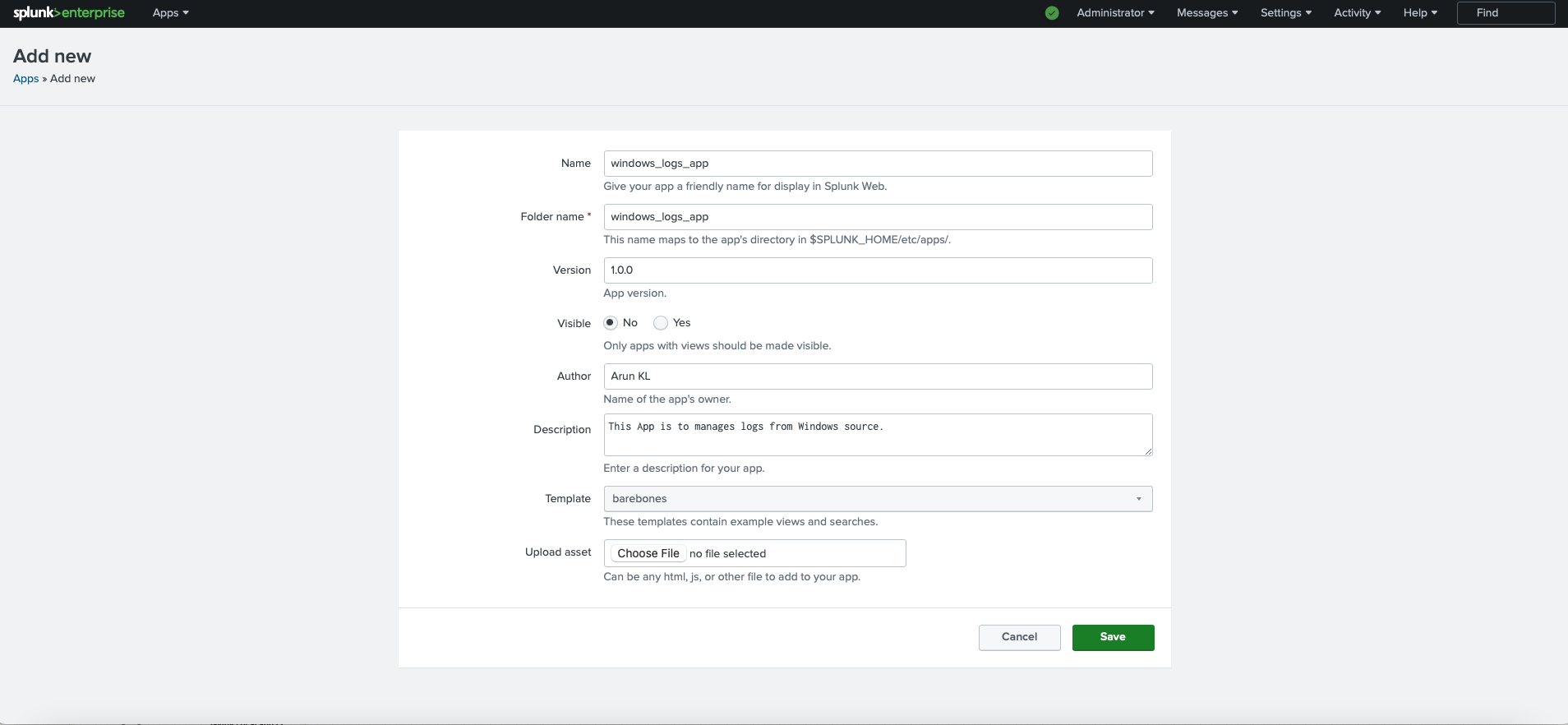 Screenshot of the Splunk interface for adding a new application to manage Windows logs.