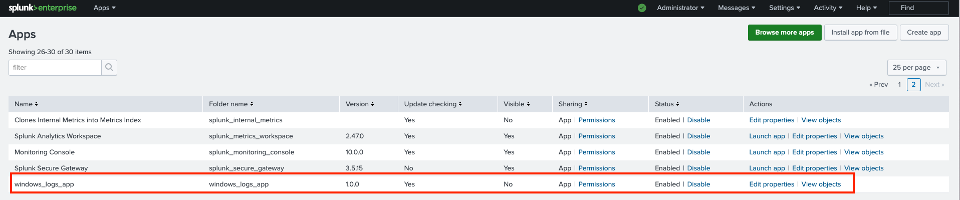 Screenshot of the Splunk Enterprise interface displaying the 'windows_logs_app' among other installed applications.