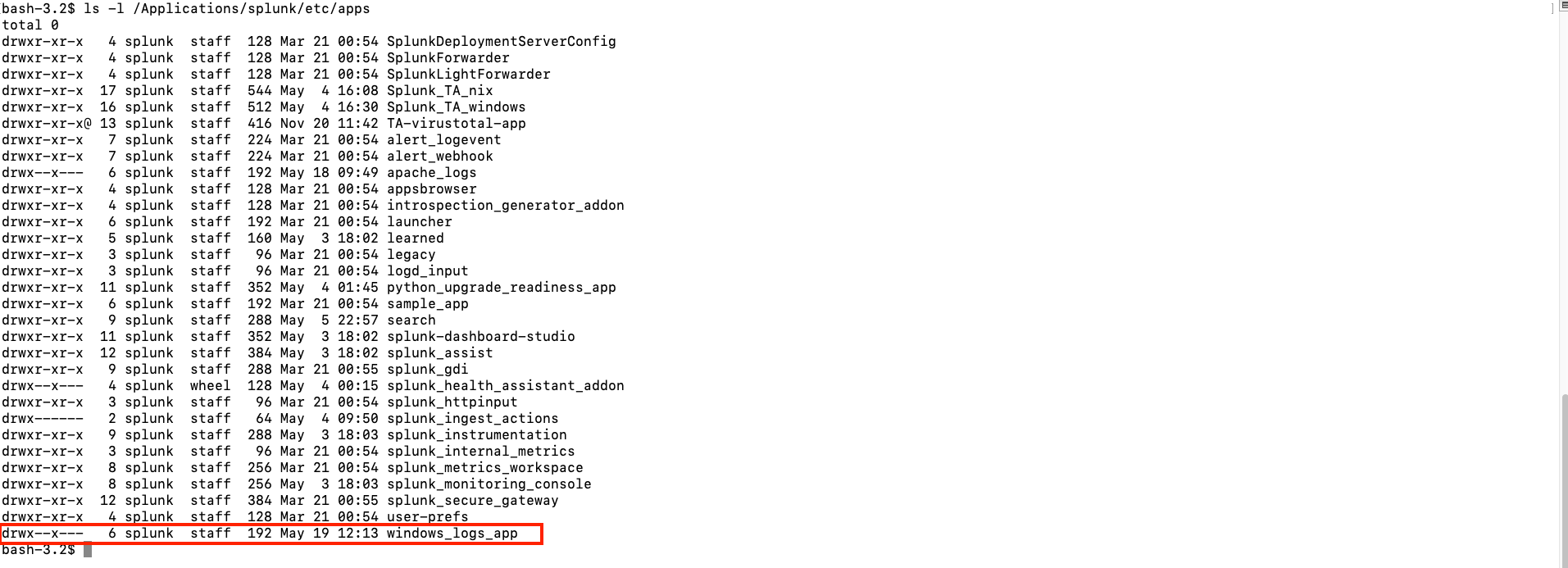 Command line screenshot showing directory listing of Splunk apps with 'windows_logs_app' highlighted.
