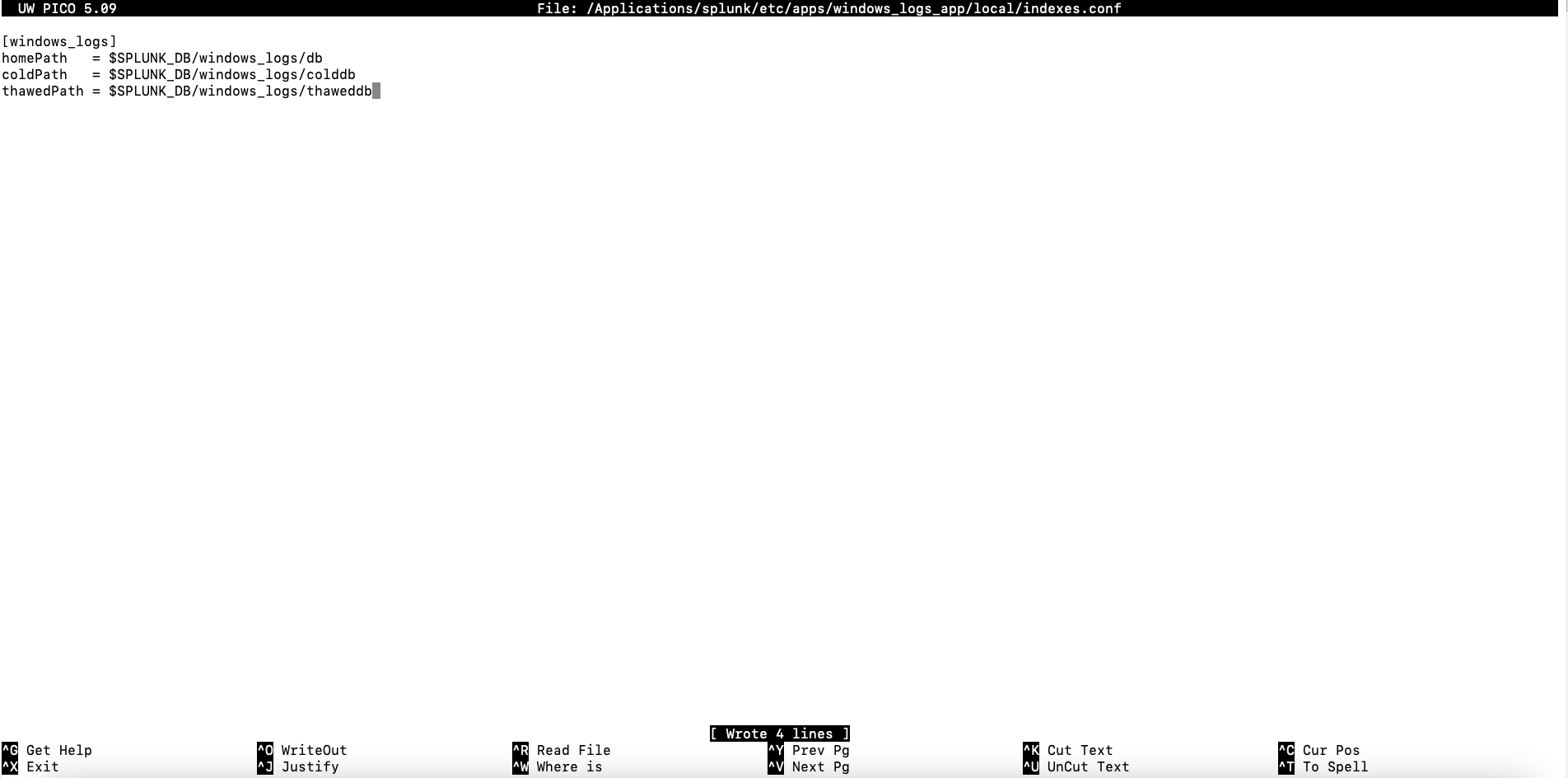 Editing the 'windows_logs' index settings in the PICO editor on a UNIX terminal.