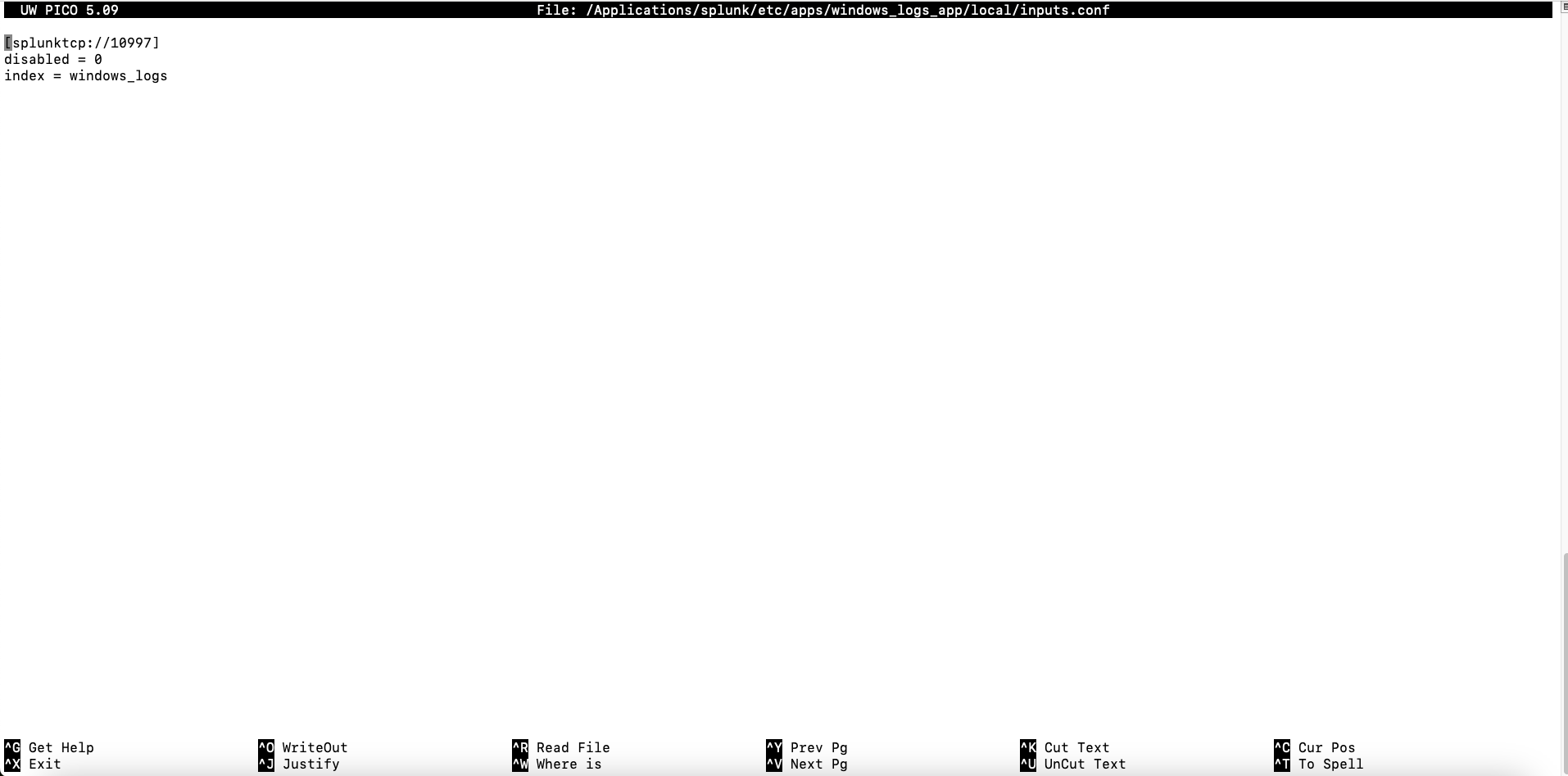 Configuring the Splunk TCP input in the PICO editor for the windows_logs_app on a UNIX terminal.