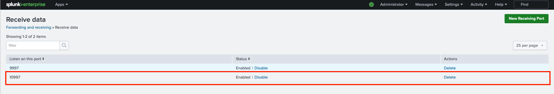 Splunk web interface showing receiving ports configuration, highlighting port 10997 as enabled.