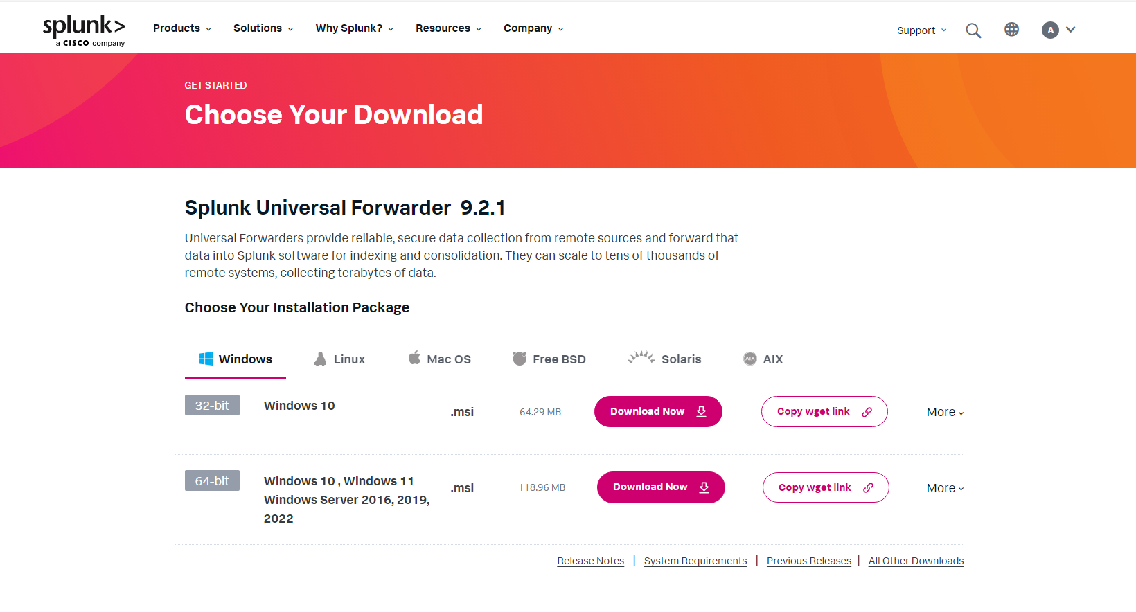 Screenshot of the Splunk Universal Forwarder download page featuring various OS installation options.