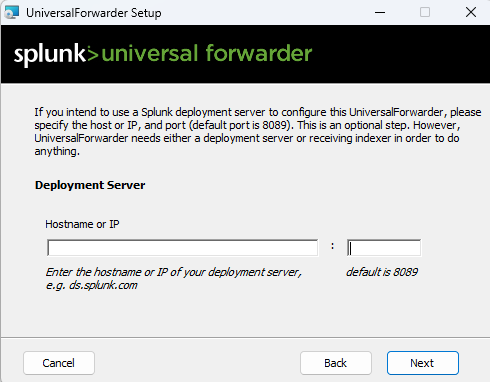 Setup screen for entering Deployment Server details in the Splunk Universal Forwarder installation wizard.