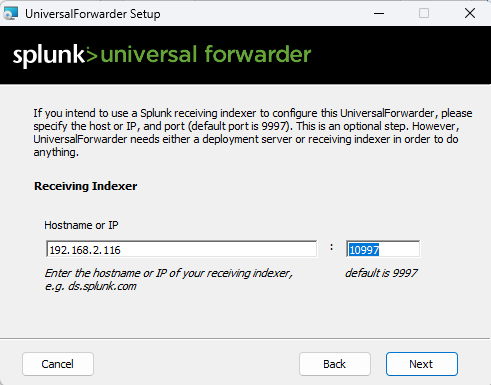 Setup screen for configuring the Receiving Indexer settings in the Splunk Universal Forwarder installation process.