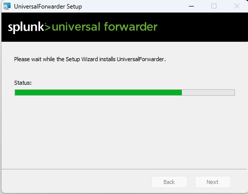 Installation status window of the Splunk Universal Forwarder showing the progress bar.