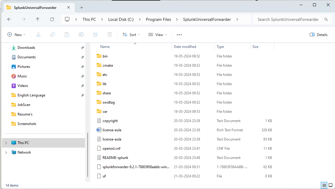 File explorer view of the Splunk Universal Forwarder installation directory on a Windows PC.