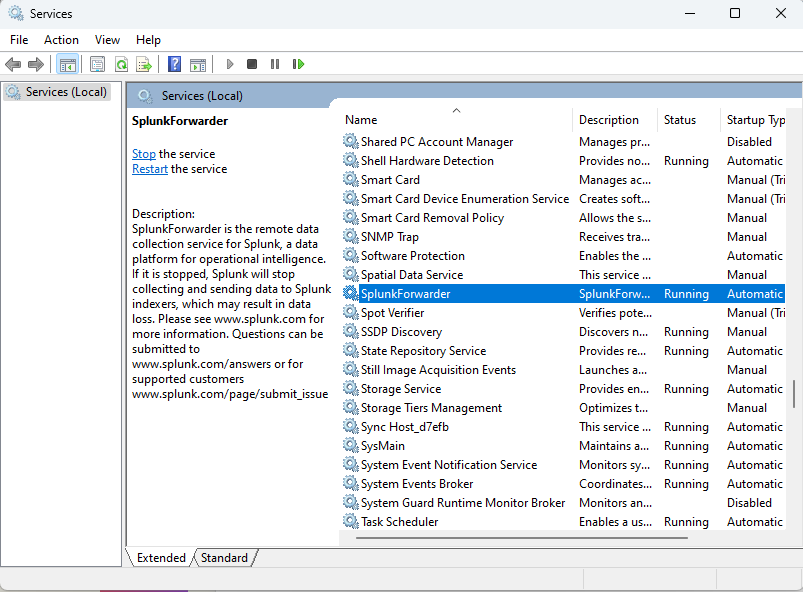 Screenshot of the Windows Services interface showing the Splunk Universal Forwarder service actively running.