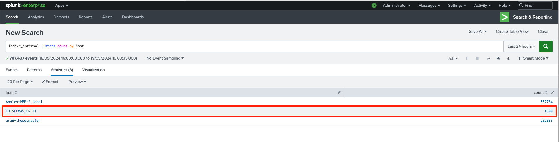 A Splunk Enterprise interface displaying a new search query with results showing the number of events by host over a specified time period.