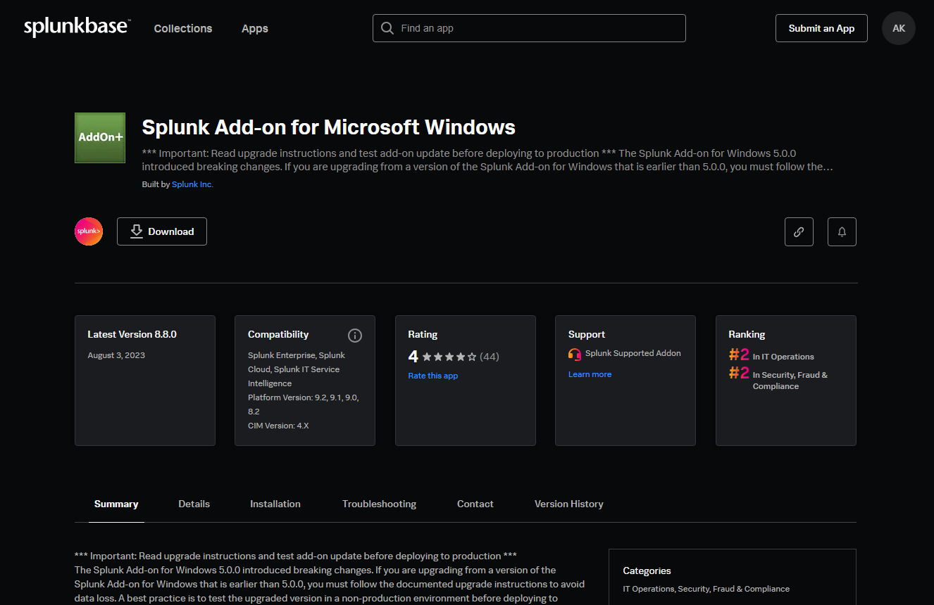 Download screen of Splunk Add-on for Windows