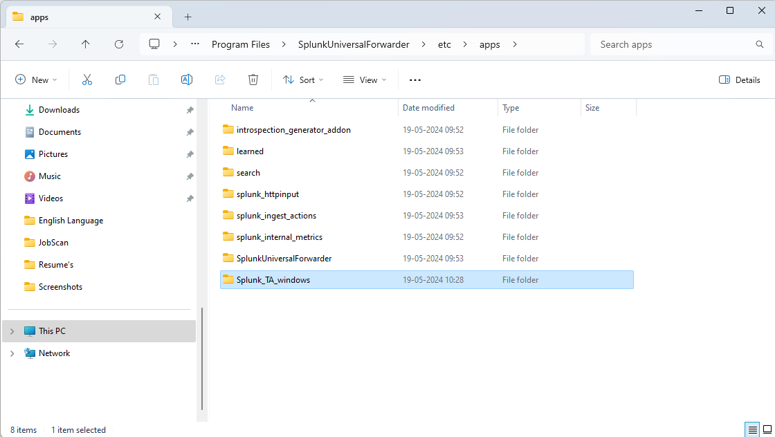 File explorer window showing the contents of the SplunkUniversalForwarder apps directory, highlighting the Splunk_TA_windows folder.