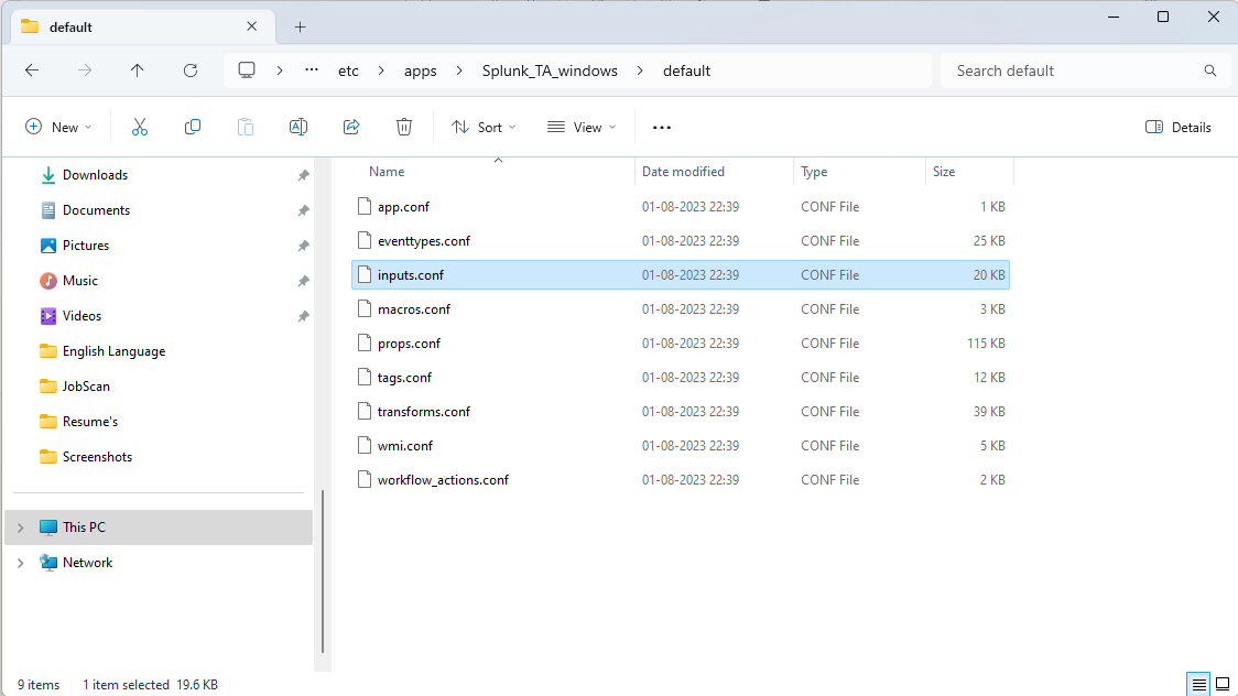 File explorer window displaying the contents of the default directory in the Splunk_TA_windows app, with the inputs.conf file selected.