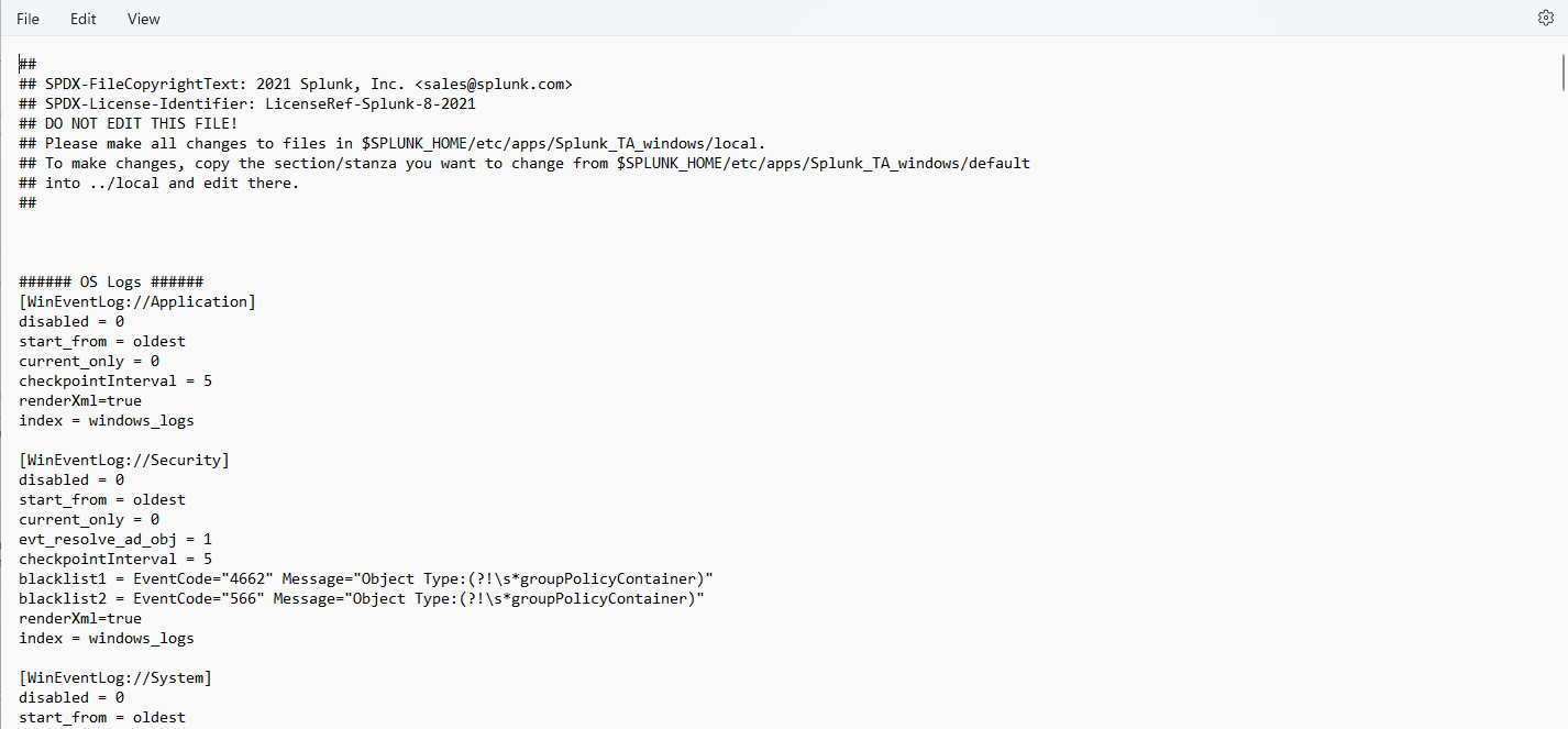 Text editor window showing the content of the inputs.conf file for Splunk_TA_windows, with configurations for collecting Windows OS logs.