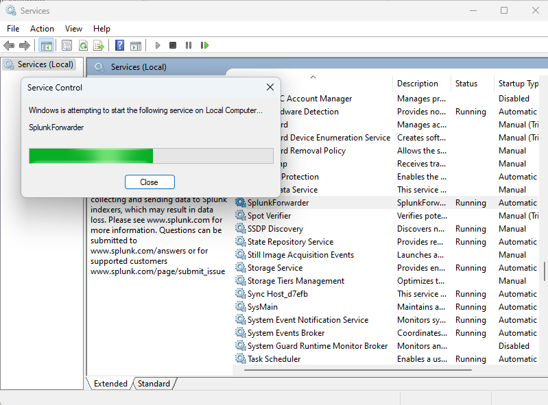 Service Control window showing progress while Windows attempts to start the SplunkForwarder service on a local computer.