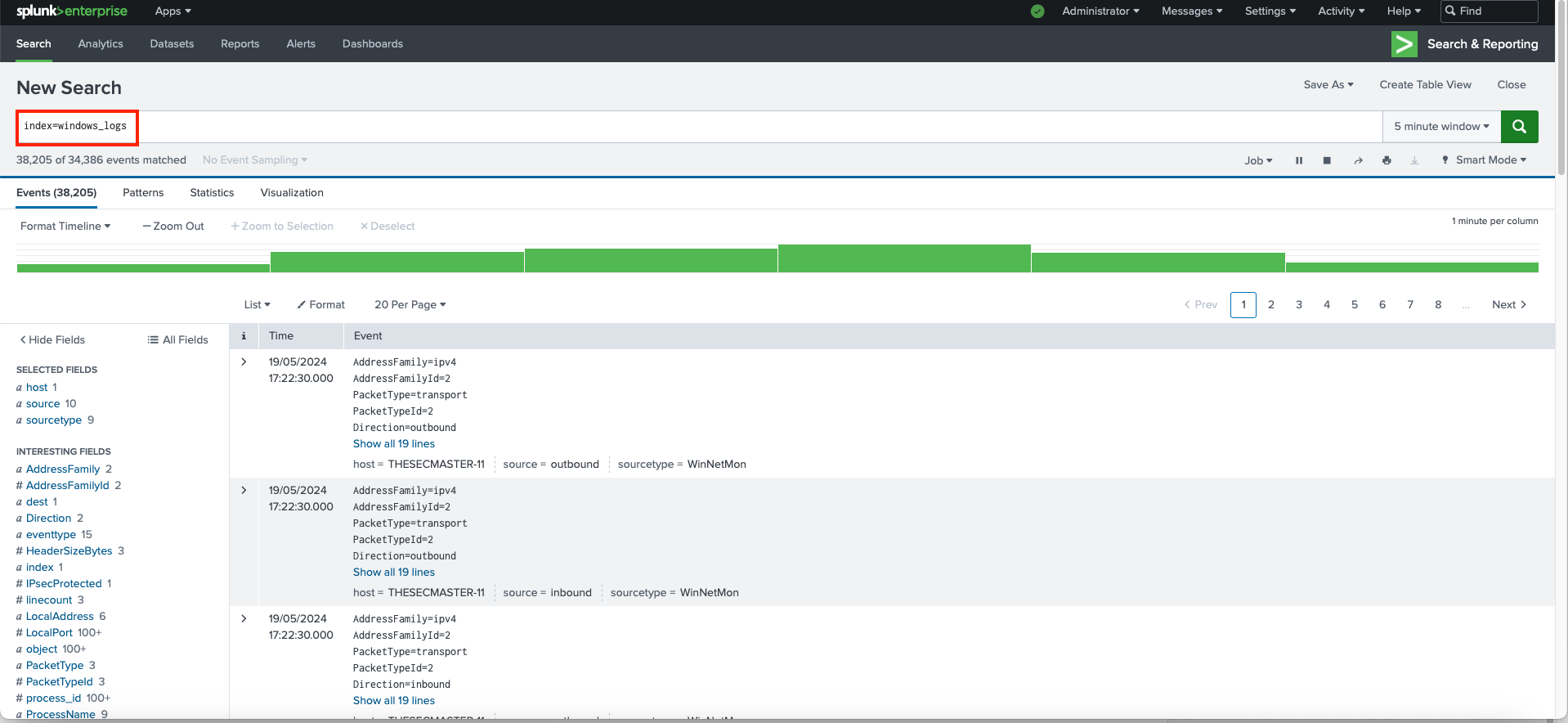 Splunk Enterprise search interface displaying events from the index=windows_logs, showing successful log ingestion.
