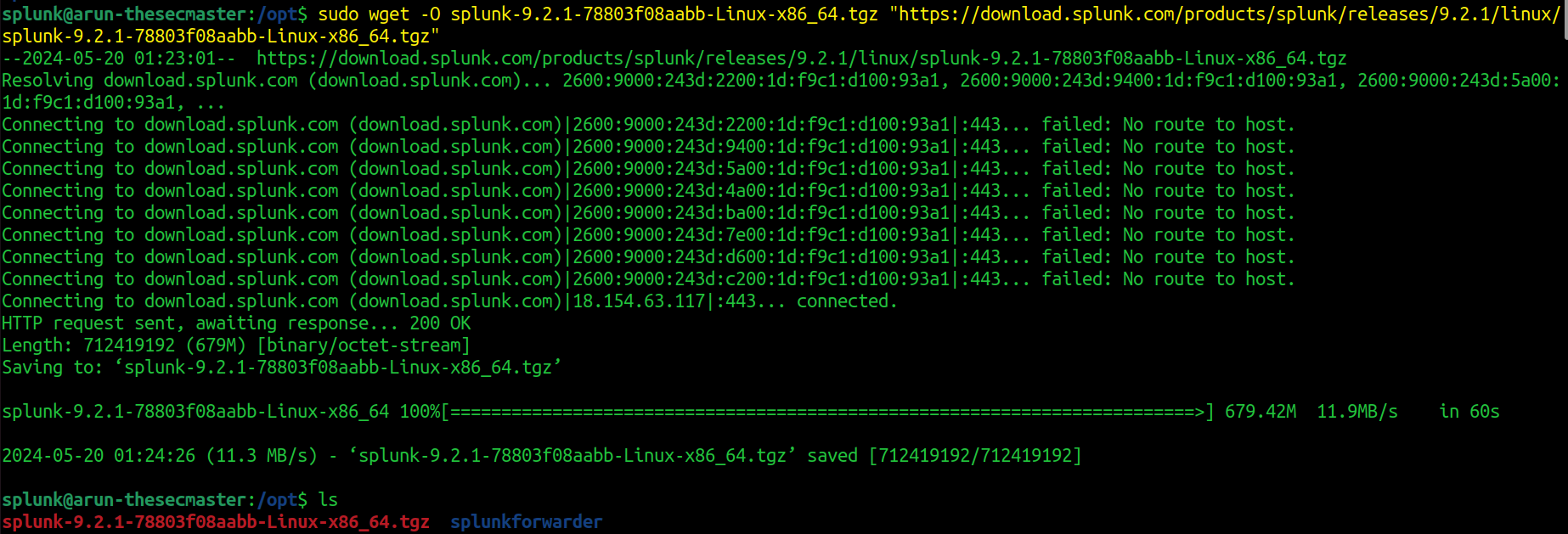 Screenshot showing the terminal output of a wget command used to download the Splunk Enterprise .tgz file on a Linux system.