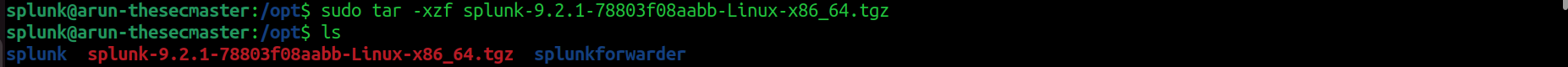 Terminal output displaying the command to extract a Splunk .tgz file and listing the directory contents afterward.