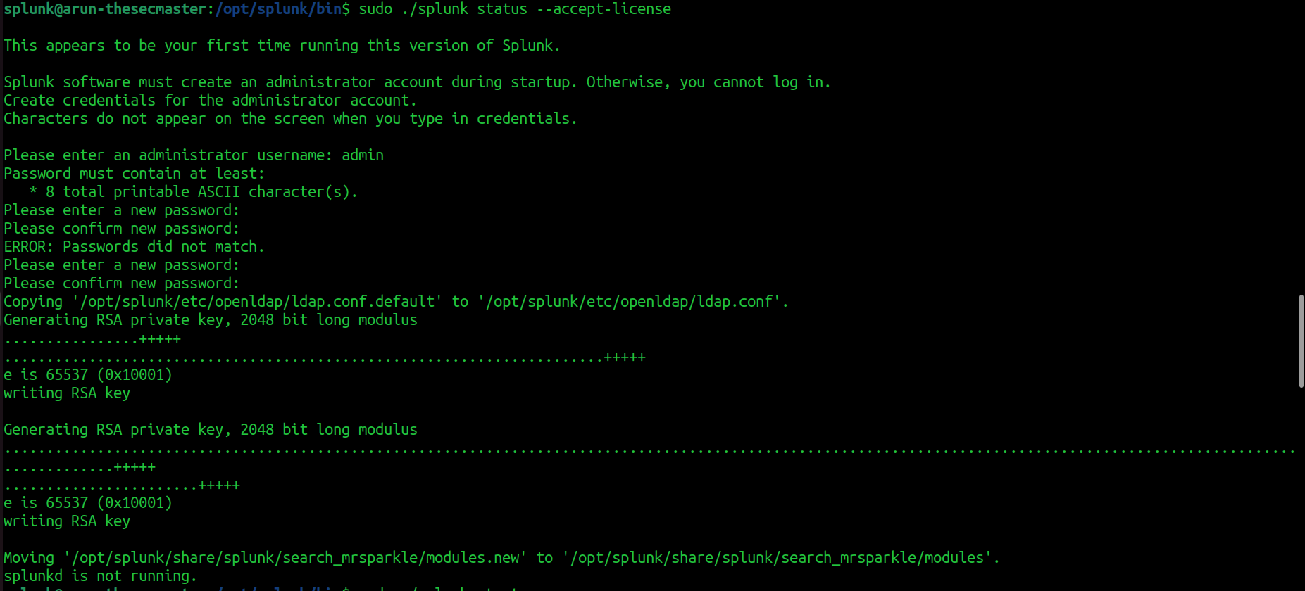 Terminal screen showing the setup process for a Splunk administrator account, including username and password creation and RSA key generation.
