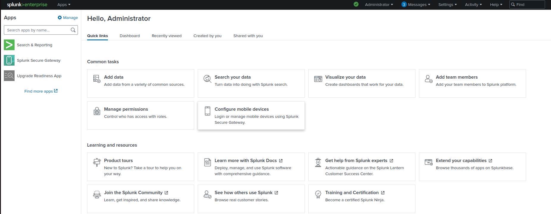 Homepage of the Splunk Enterprise Web UI showcasing various management options and quick links for an administrator.