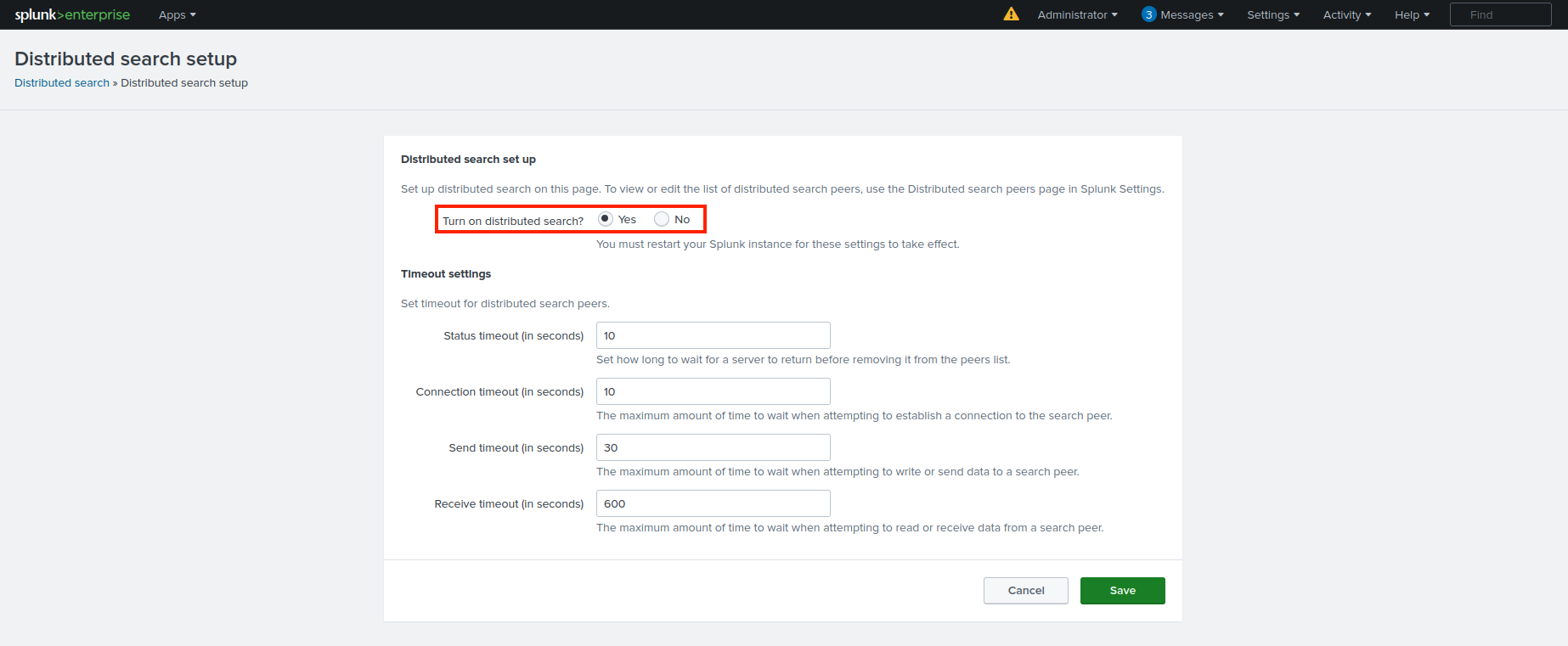 Interface of Splunk Enterprise showing the Distributed Search Setup page with options to enable distributed search and configure various timeouts.