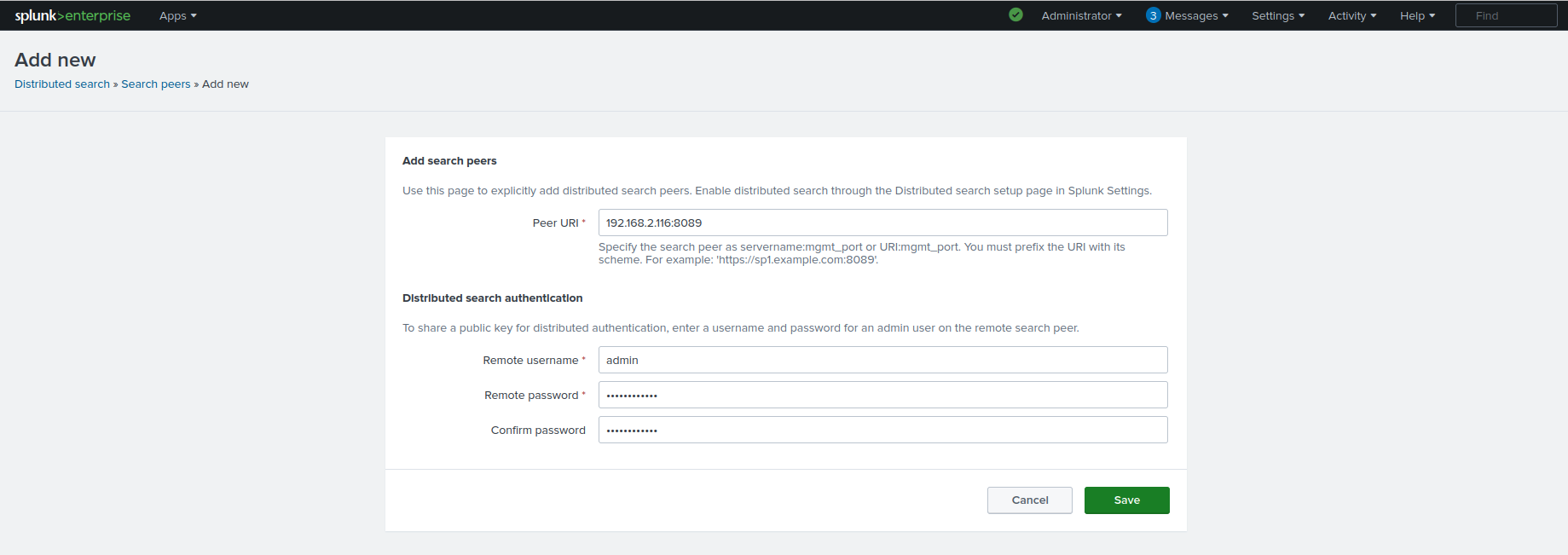 Web interface for adding a new distributed search peer in Splunk, including fields for peer URI and user authentication details.