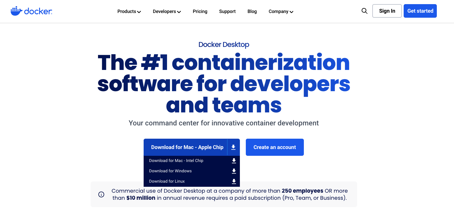 Screenshot of Docker's homepage displaying Docker Desktop as the premier containerization software for developers and teams.
