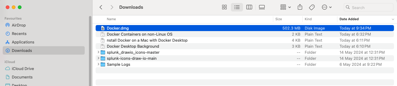 Screenshot of a macOS Finder window displaying files in the Downloads folder, including the Docker.dmg file.