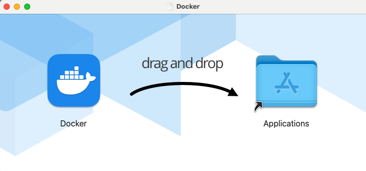 Visual guide on installing Docker by dragging the Docker icon to the Applications folder in macOS.