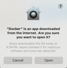 Security warning dialog on macOS confirming the intent to open the Docker application downloaded from the internet.