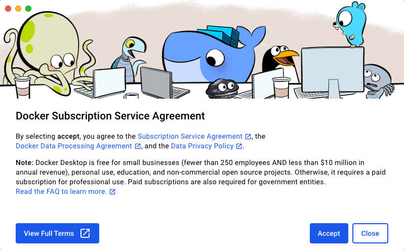 Screenshot displaying the Docker Subscription Service Agreement with animated characters representing various software components.