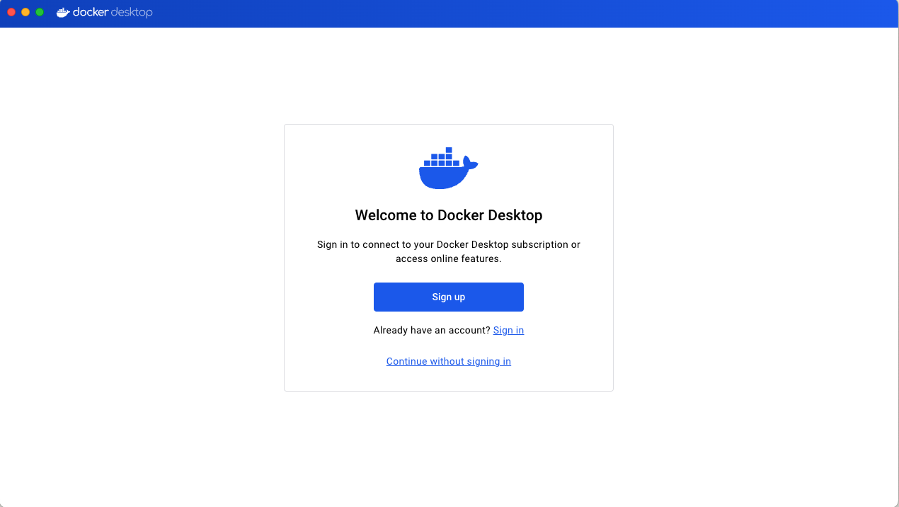 Screenshot showing the login interface of Docker Desktop with options to sign up, sign in, or continue without an account.