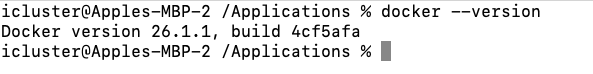 Terminal screenshot showing the command to check the installed version of Docker, which is 26.1.1, build 4cf5fafa.