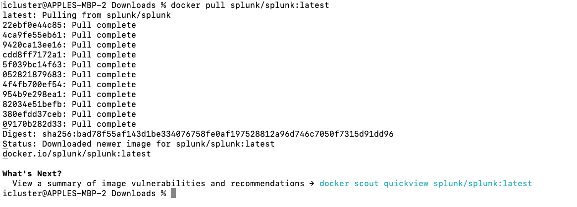 Terminal screenshot showing successful download of the latest Splunk Docker image with a prompt for security scan.
