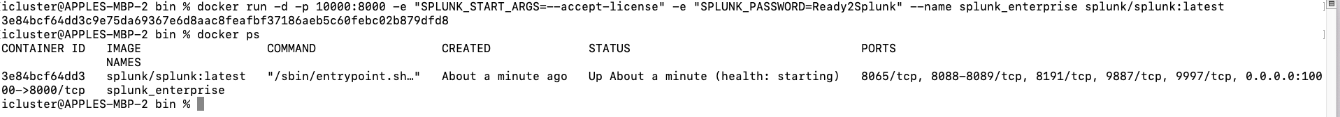 Terminal screenshot displaying a running Splunk Docker container with port configurations and operational status.