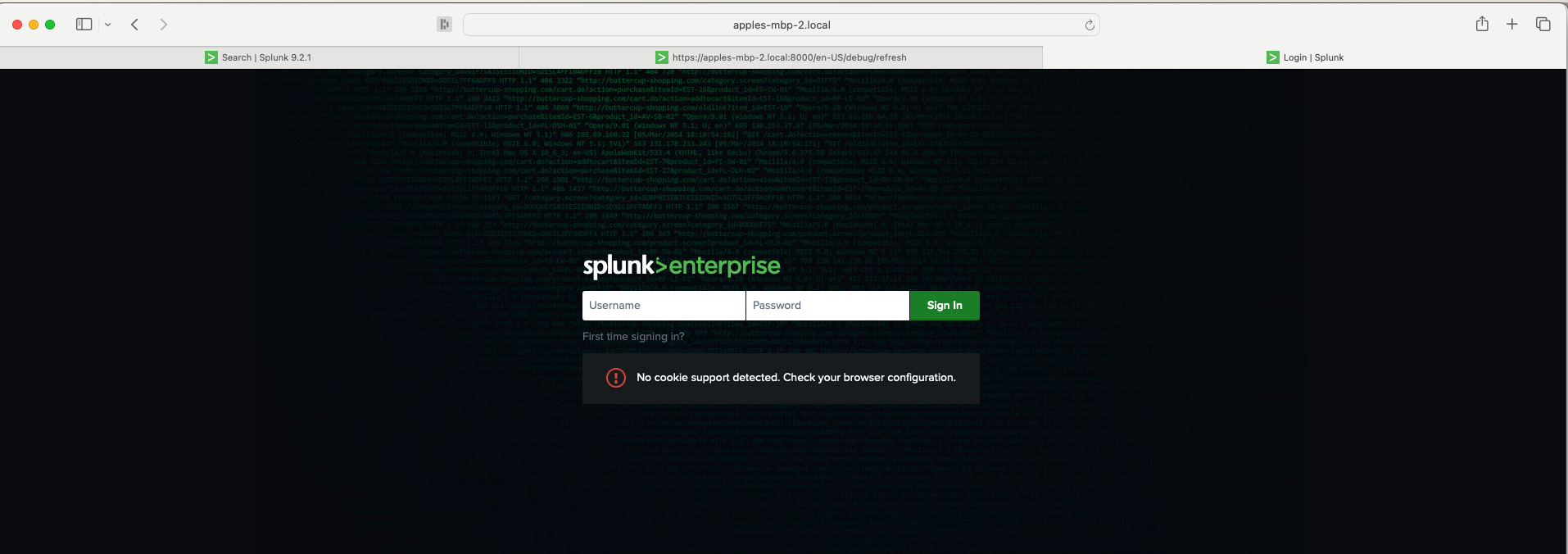 Screenshot of Splunk Enterprise login page on a web browser, indicating no cookie support detected.