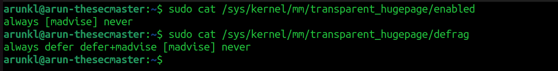 Terminal output showing the status of Transparent Huge Pages (THP) enabled and defrag settings on a Linux server.