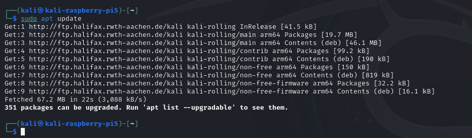 Screenshot of a terminal on Kali Linux showing the completion of the 'apt update' command on a Raspberry Pi 5.