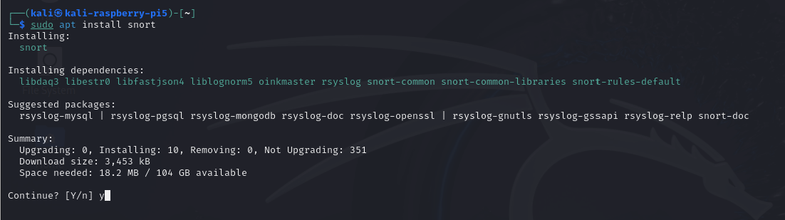 Terminal screen displaying the installation process of Snort on Kali Linux running on a Raspberry Pi.