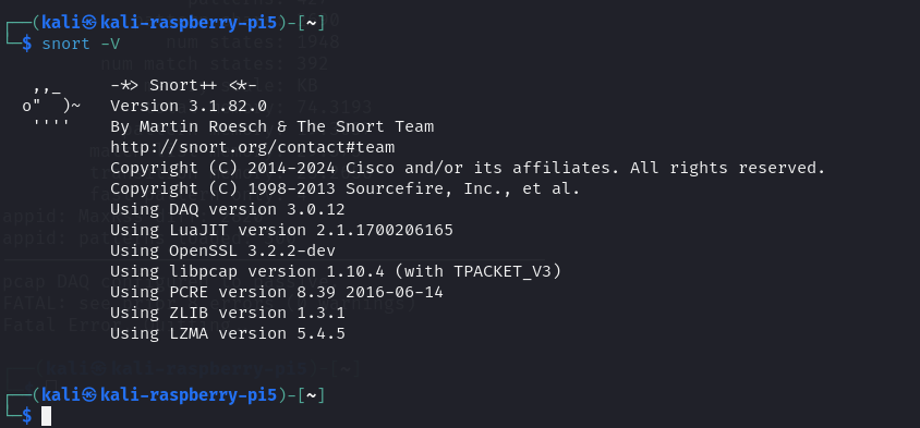 Terminal output showing Snort version 3.1.82.0 with detailed component versions on Kali Linux.