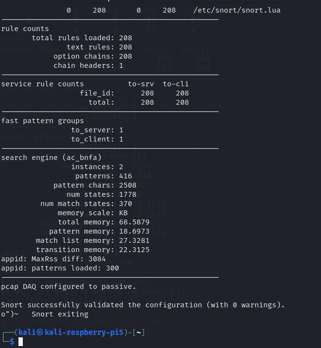 Terminal display confirming the successful validation of Snort's configuration settings without any warnings.