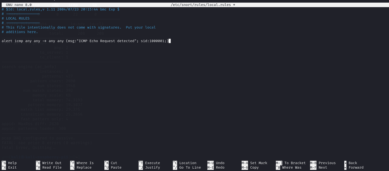 Screenshot of the GNU nano editor displaying a custom Snort rule for detecting ICMP Echo Requests on a Kali Linux system.