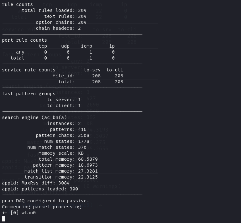 Output of network security tool showing rule counts, pattern groups, and memory usage statistics for a packet processing system.