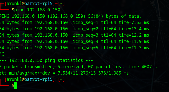 Terminal output showing ping results to IP 192.168.0.150 with response times and statistics.