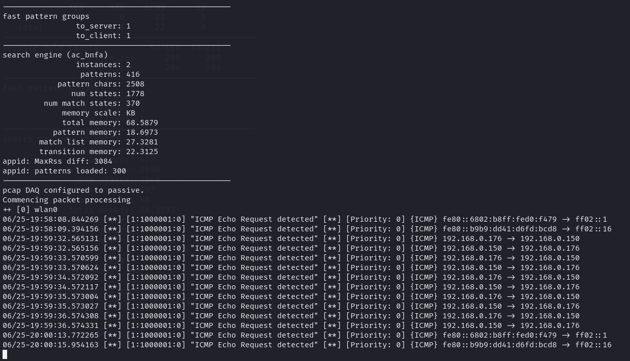 Network analysis tool output showing search engine statistics and ICMP Echo Request logs between various IP addresses.